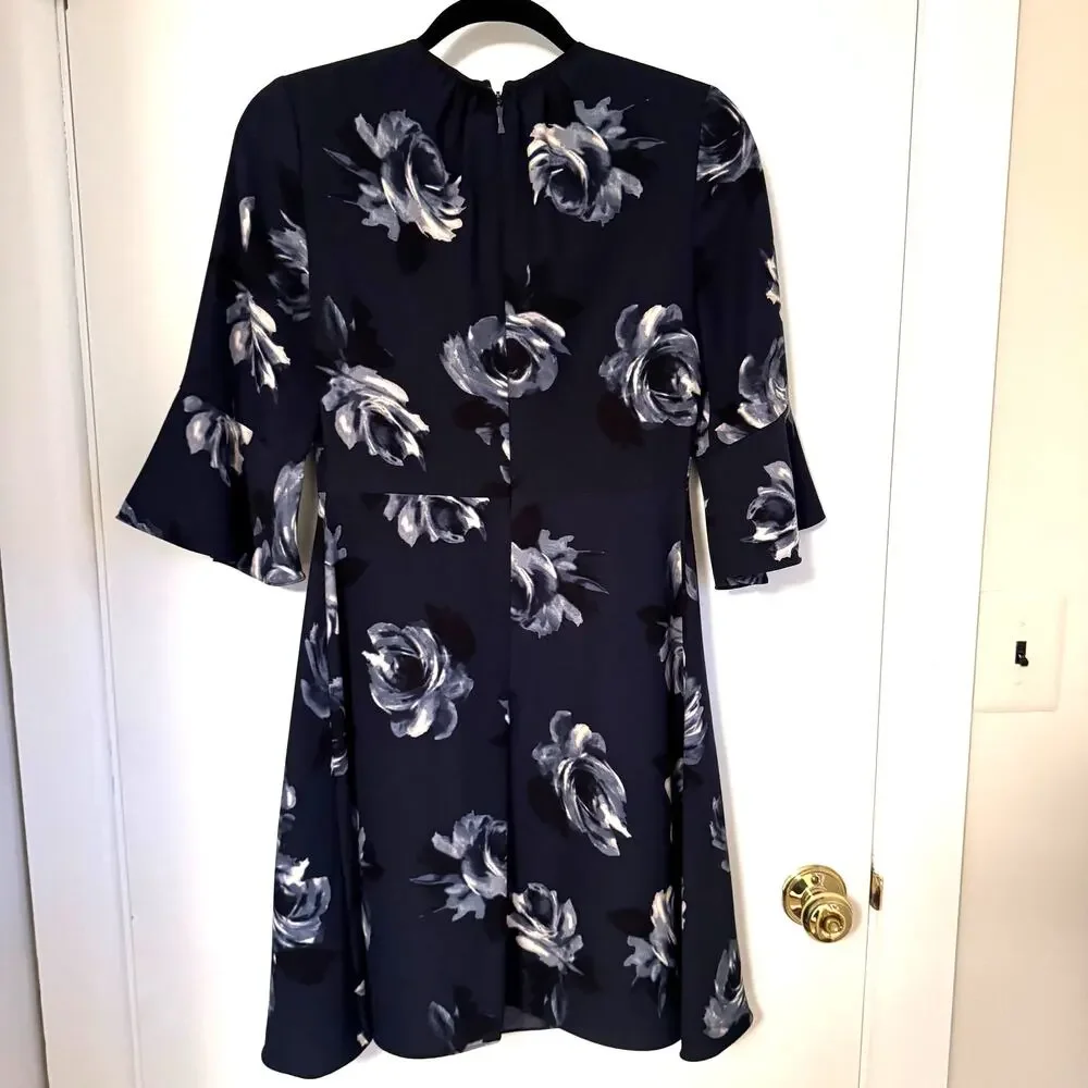 Kate Spade Night Rose Bell Sleeve Fit Flare Navy Blue Dress Size 2 Extra Small